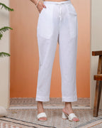 Vaasva Women Whitel Cotton Flax Solid Straight Pants