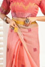 Joban Fashion Peach Ikkat Linen Ready To Wear Saree With Unstitched Blouse - Distacart