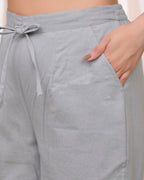 Vaasva Women Grey Cotton Flax Solid Straight Pants