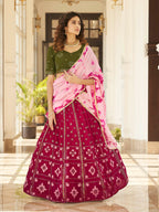 Myra Deep Pink & Olive Green Pink Georgette Embroidered Designer Lehenga