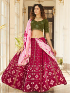 Myra Deep Pink & Olive Green Pink Georgette Embroidered Designer Lehenga