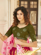 Myra Deep Pink & Olive Green Pink Georgette Embroidered Designer Lehenga