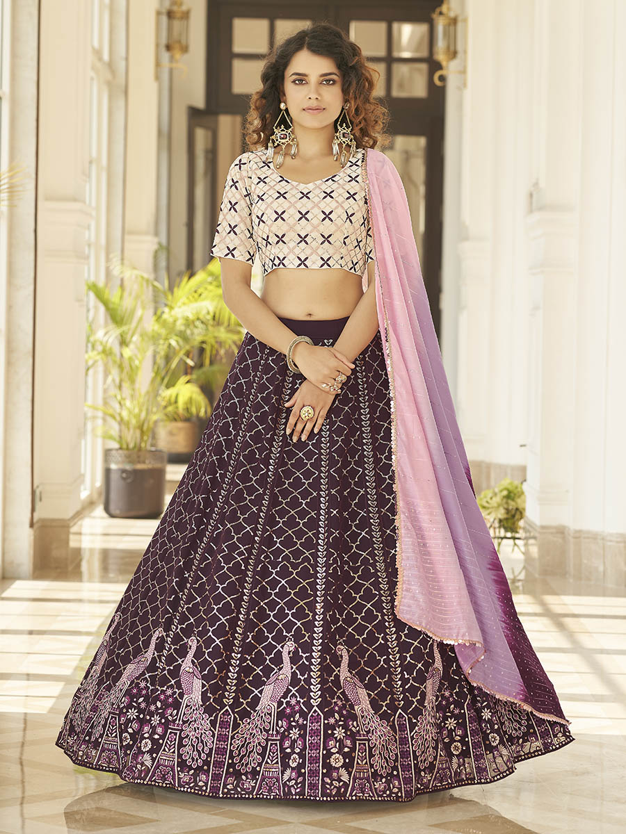 Myra Purple & White Georgette Embroidered Designer Lehenga