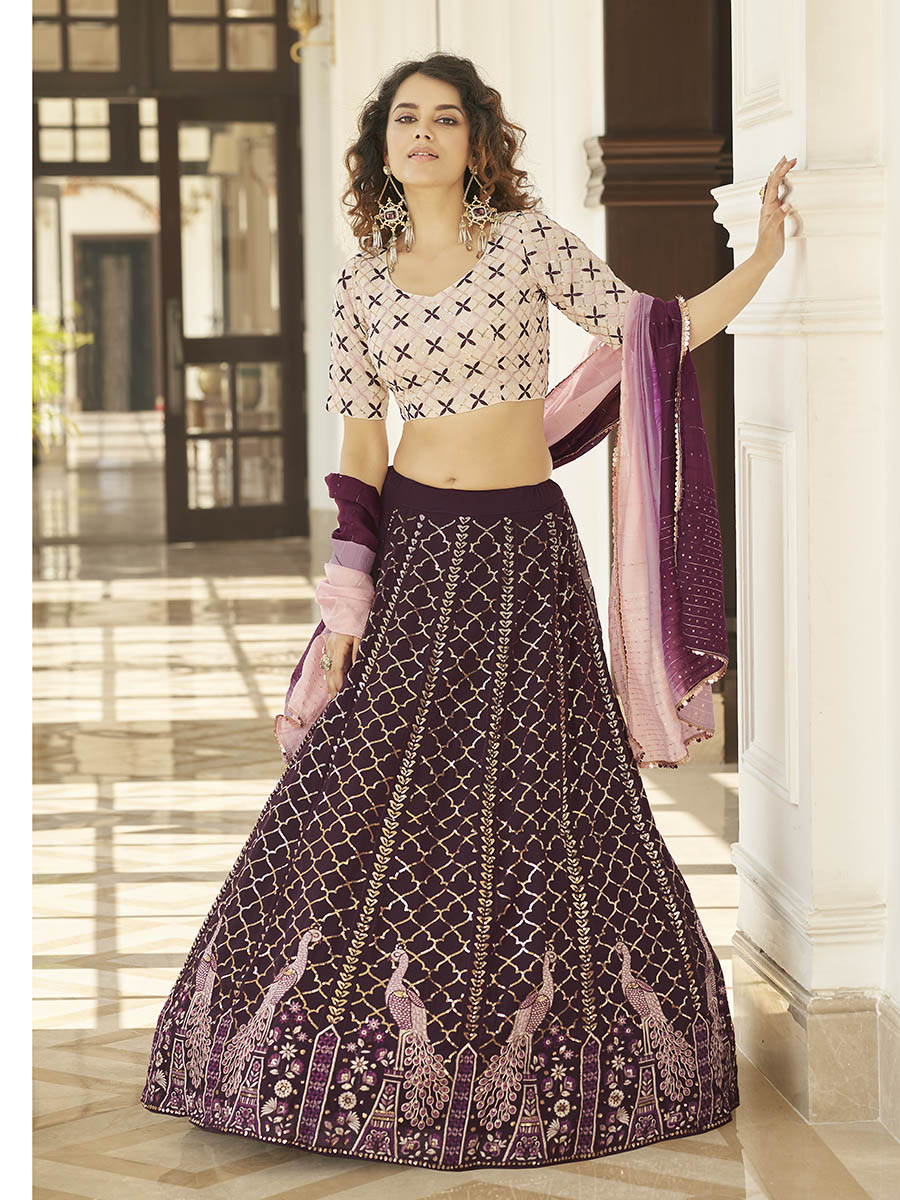 Myra Purple & White Georgette Embroidered Designer Lehenga