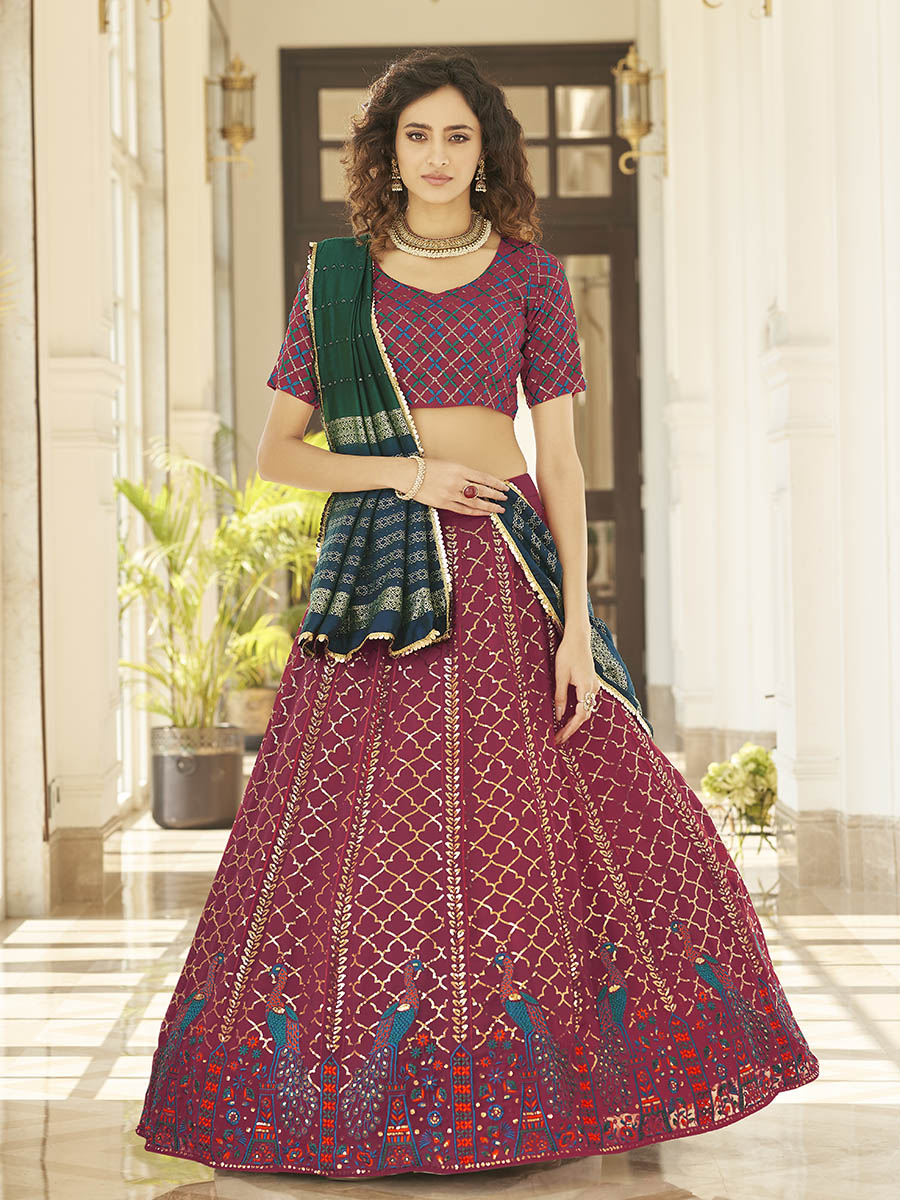 Myra Deep Pink & Green Georgette Embroidered Designer Lehenga