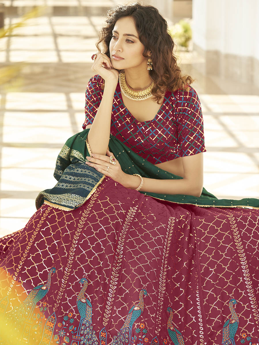 Myra Deep Pink & Green Georgette Embroidered Designer Lehenga