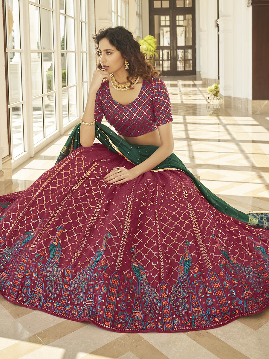 Myra Deep Pink & Green Georgette Embroidered Designer Lehenga