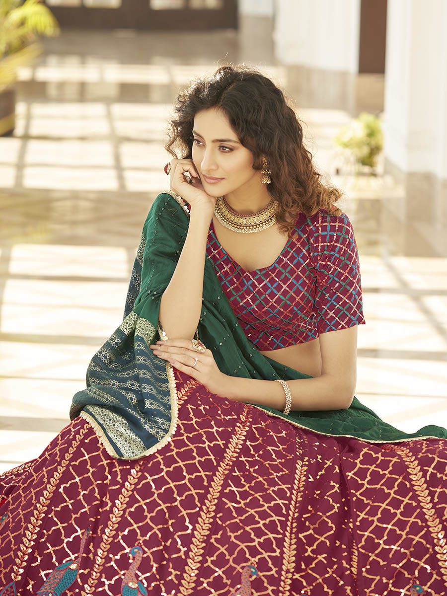 Myra Deep Pink & Green Georgette Embroidered Designer Lehenga