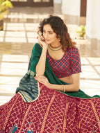 Myra Deep Pink & Green Georgette Embroidered Designer Lehenga