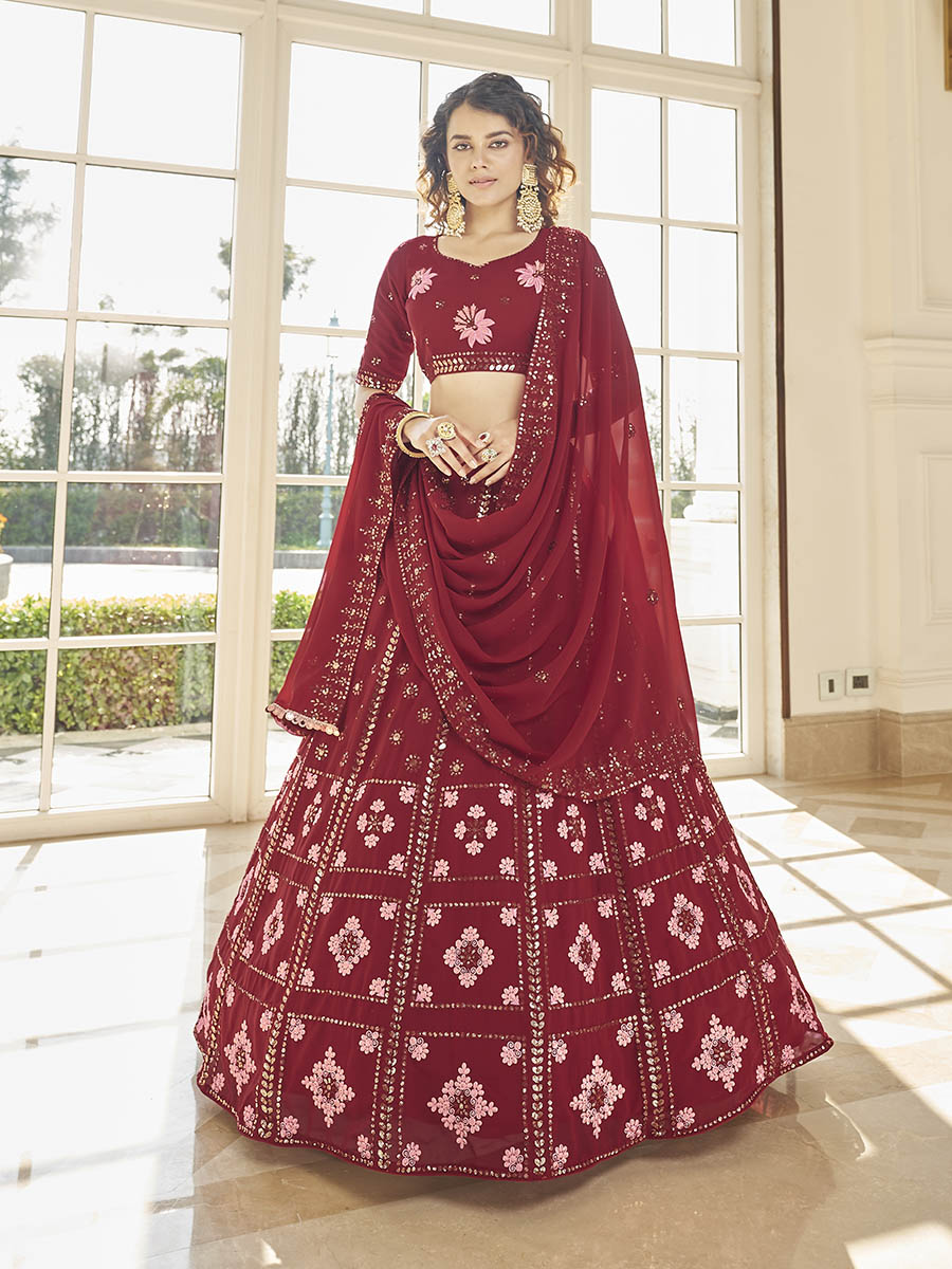 Myra Red Georgette Embroidered Designer Lehenga