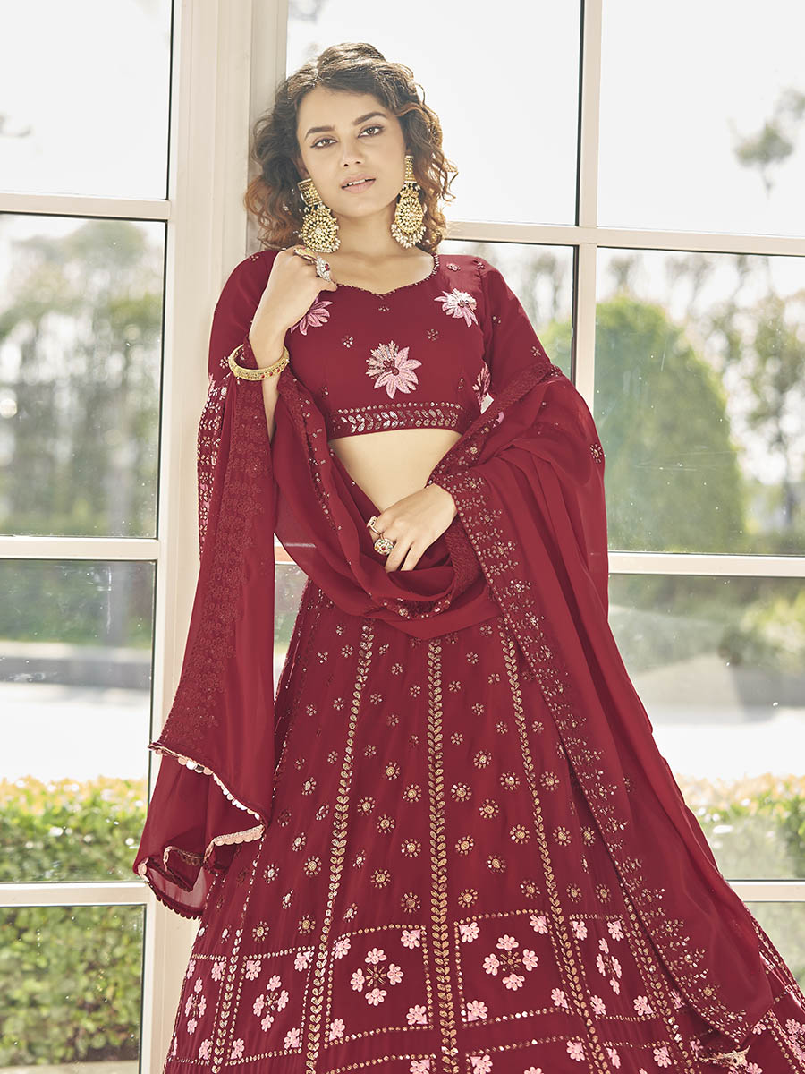 Myra Red Georgette Embroidered Designer Lehenga