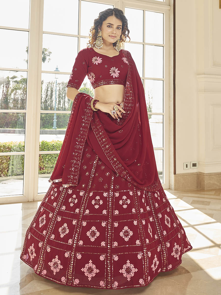 Myra Red Georgette Embroidered Designer Lehenga