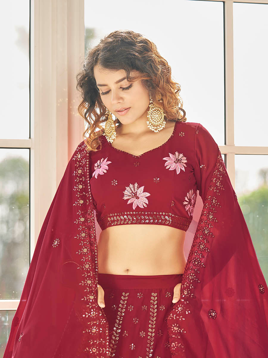 Myra Red Georgette Embroidered Designer Lehenga