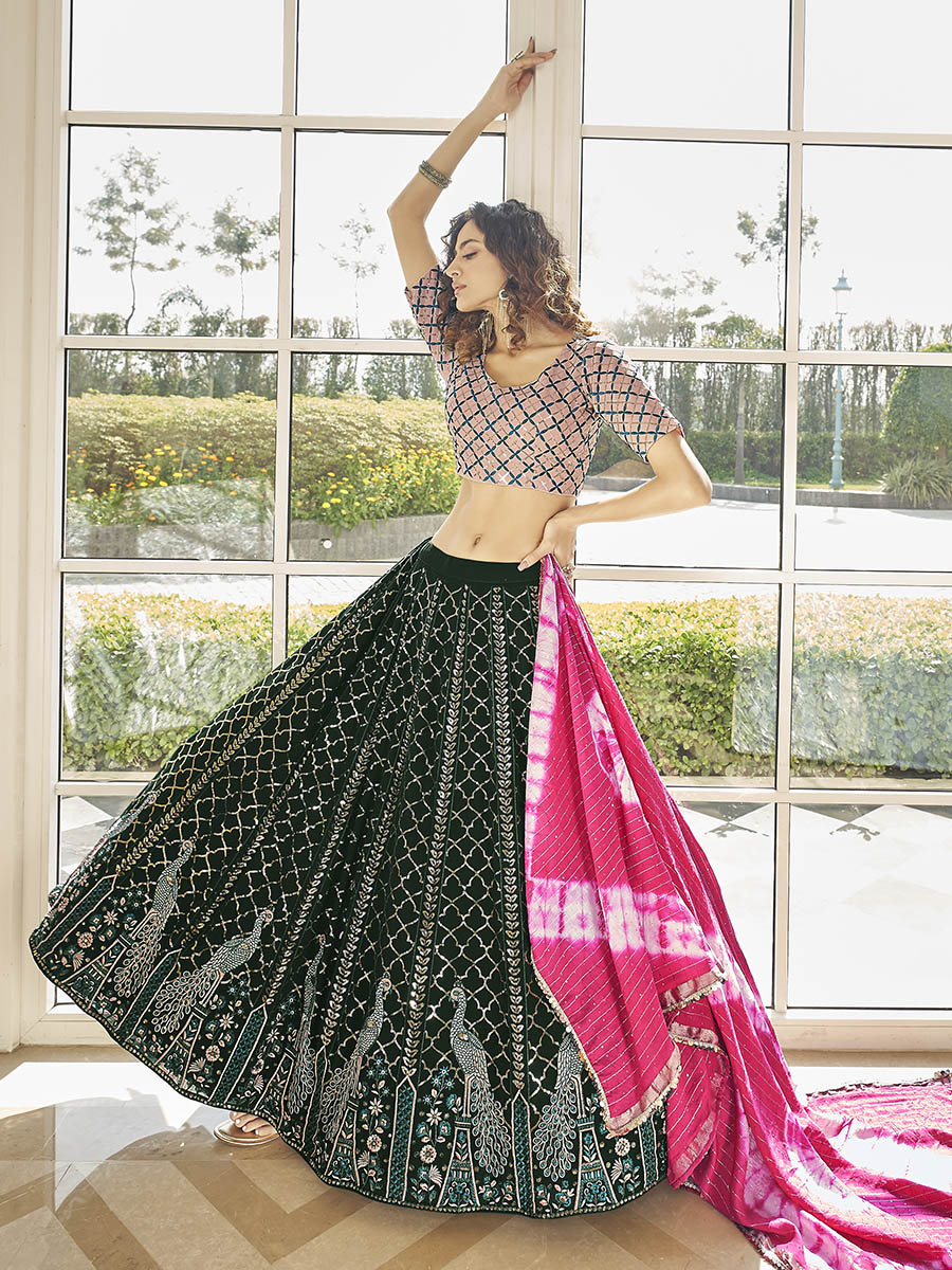 Myra Green & Pink Georgette Embroidered Designer Lehenga