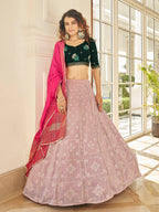 Myra Dusty Pink & Green Georgette Embroidered Designer Lehenga