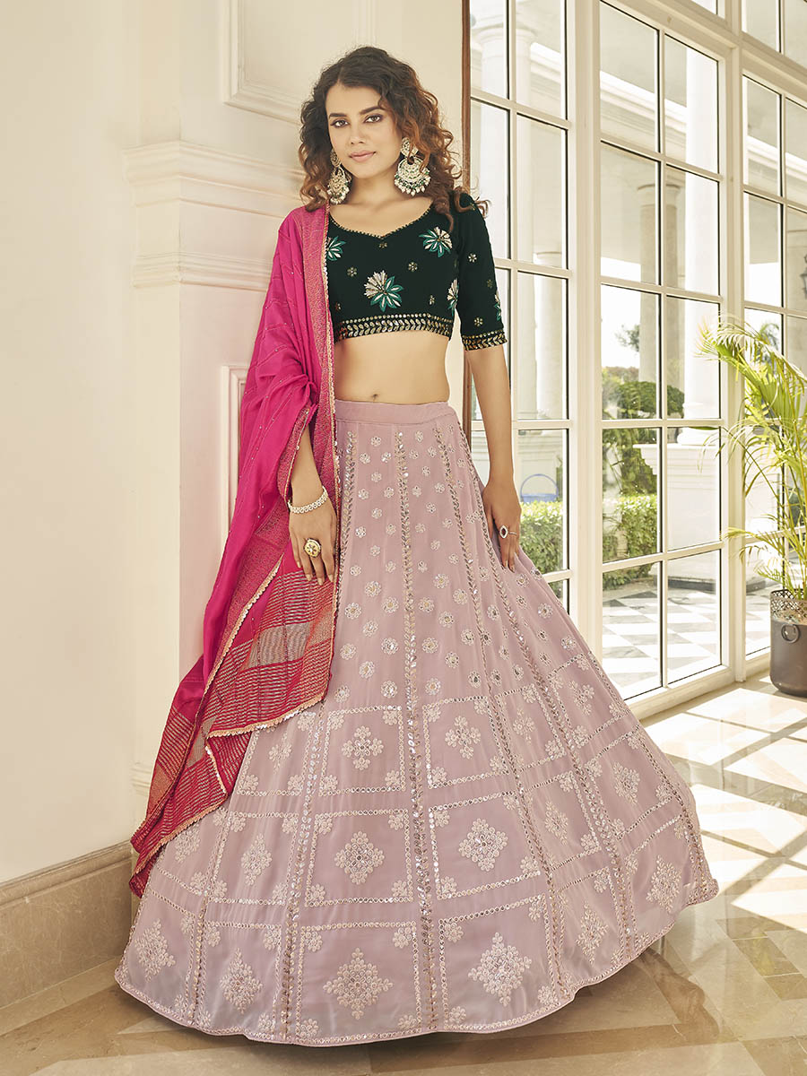 Myra Dusty Pink & Green Georgette Embroidered Designer Lehenga