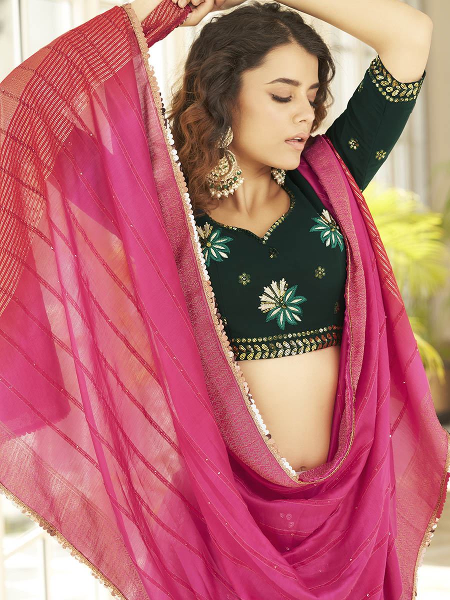Myra Dusty Pink & Green Georgette Embroidered Designer Lehenga