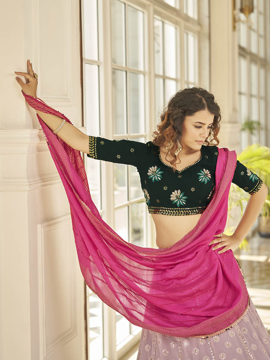 Myra Dusty Pink & Green Georgette Embroidered Designer Lehenga