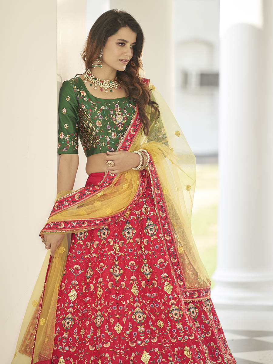 Myra Green and Yellow Heavy Embroidered Designer Lehenga