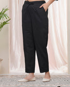 Vaasva Women Black Cotton Flax Solid Straight Pants