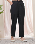 Vaasva Women Black Cotton Flax Solid Straight Pants