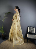 Joban Fashion Light Yellow Handloom Banarasi Organza Silk Khatali Butta Work Saree - Distacart
