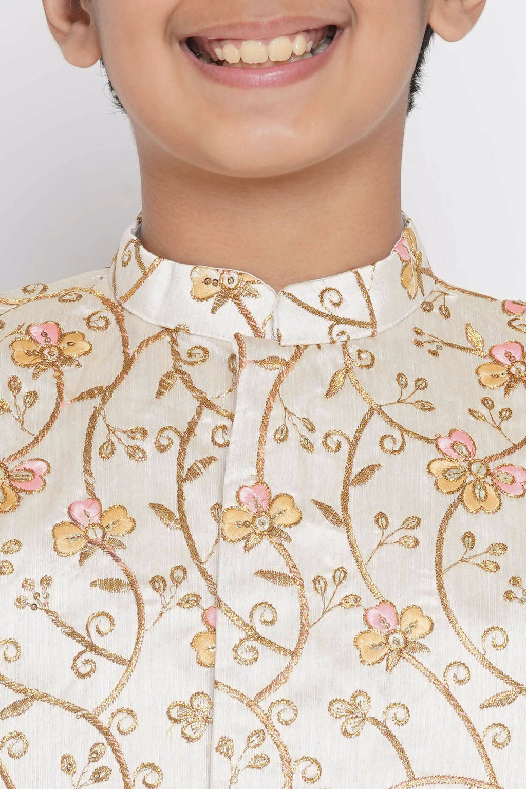 Little Bansi Banarsi Silk Orange Pink Floral Embroidery Jacket with Cotton Kantha kurta and Kantha Pyjama - Cream
