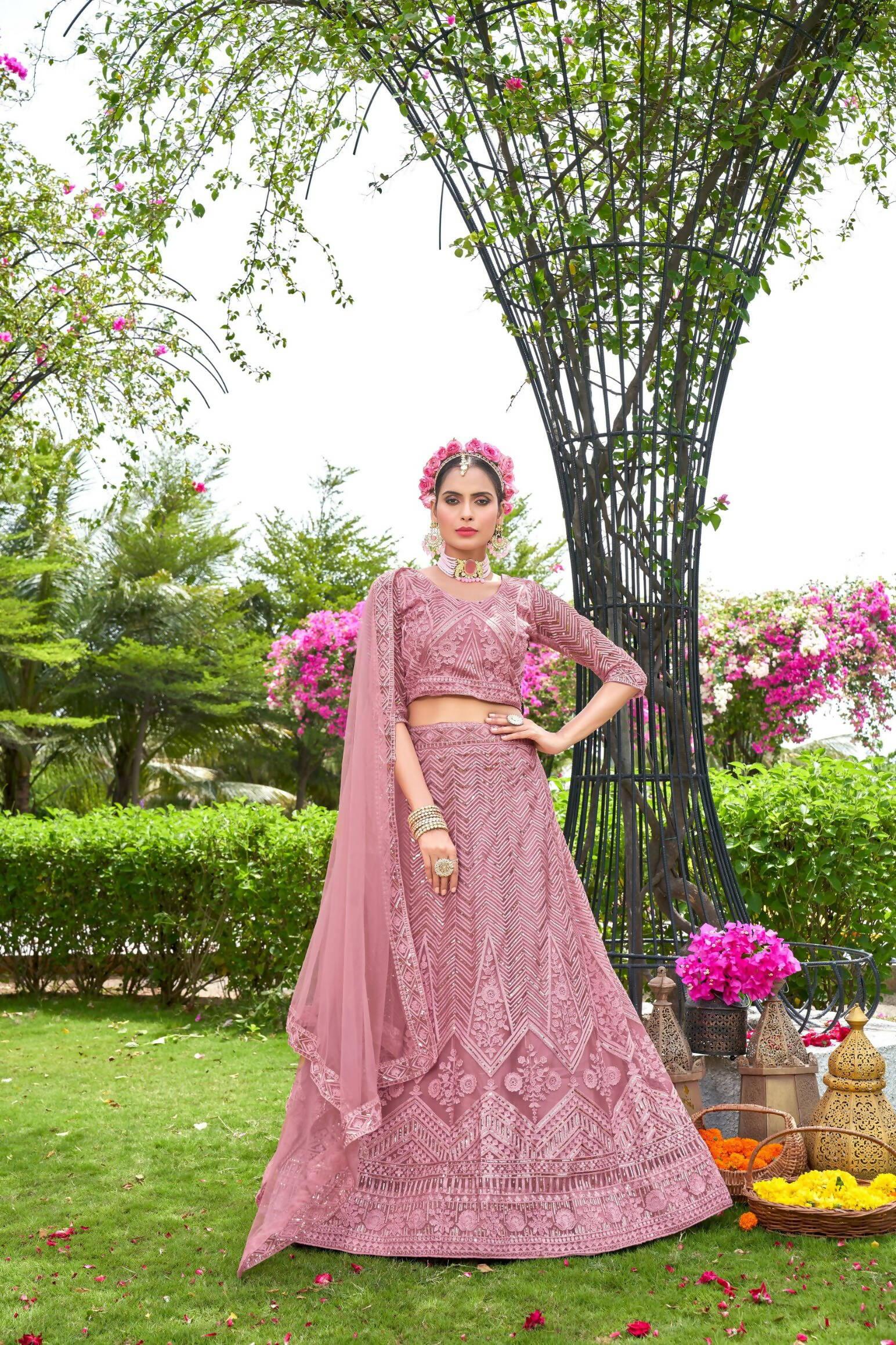 Pink Net Embroidered Semi Stitched Lehenga Choli with Dupatta - Bhagya