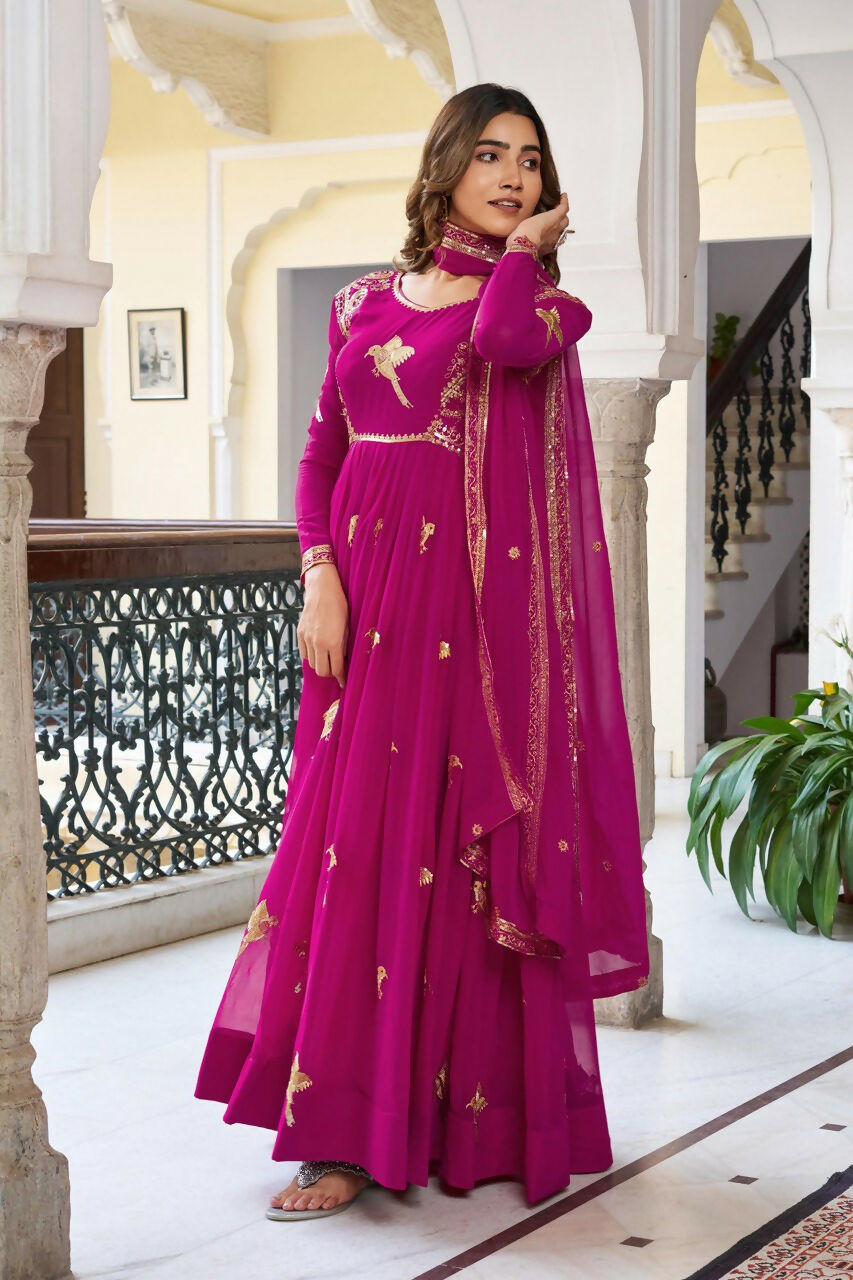 The52 Women's Gorgeous Faux Georgette Fabric Embroidery Work Flared Anarkali Pant and Dupatta Set - Distacart