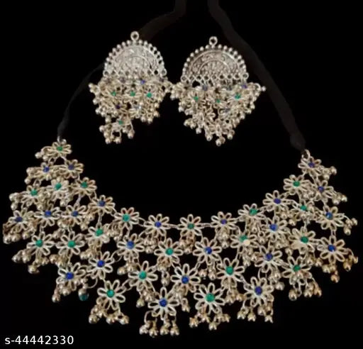 Tehzeeb Creations Women's Silver Colour Oxidised Necklace And Earring With Multi Beads
