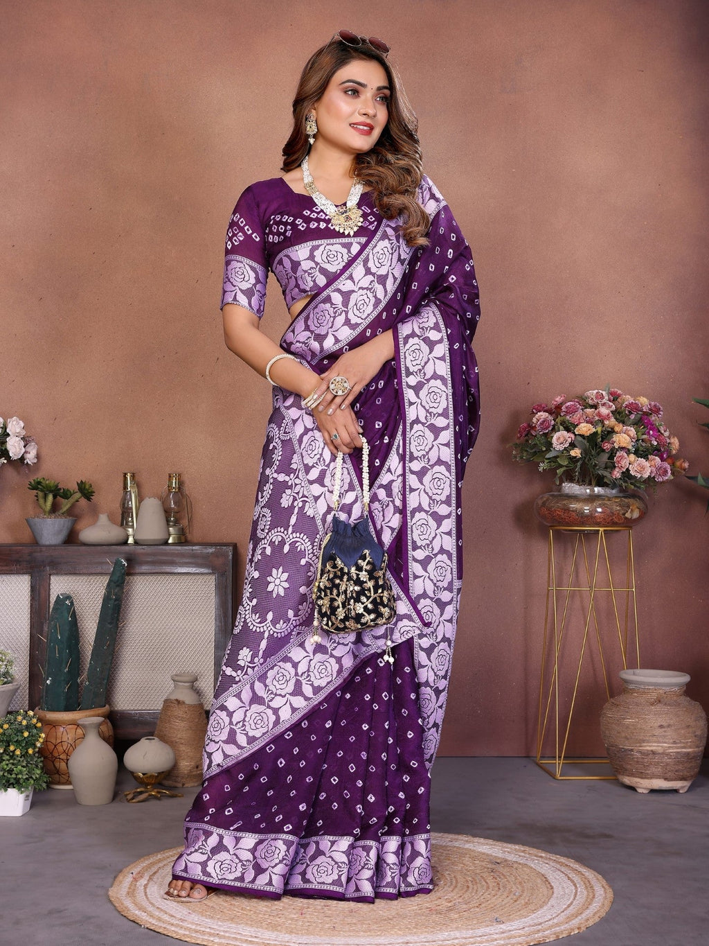Anaita Dark Purple Handmade Bandhej Viscose Silk Saree With Blouse - Distacart