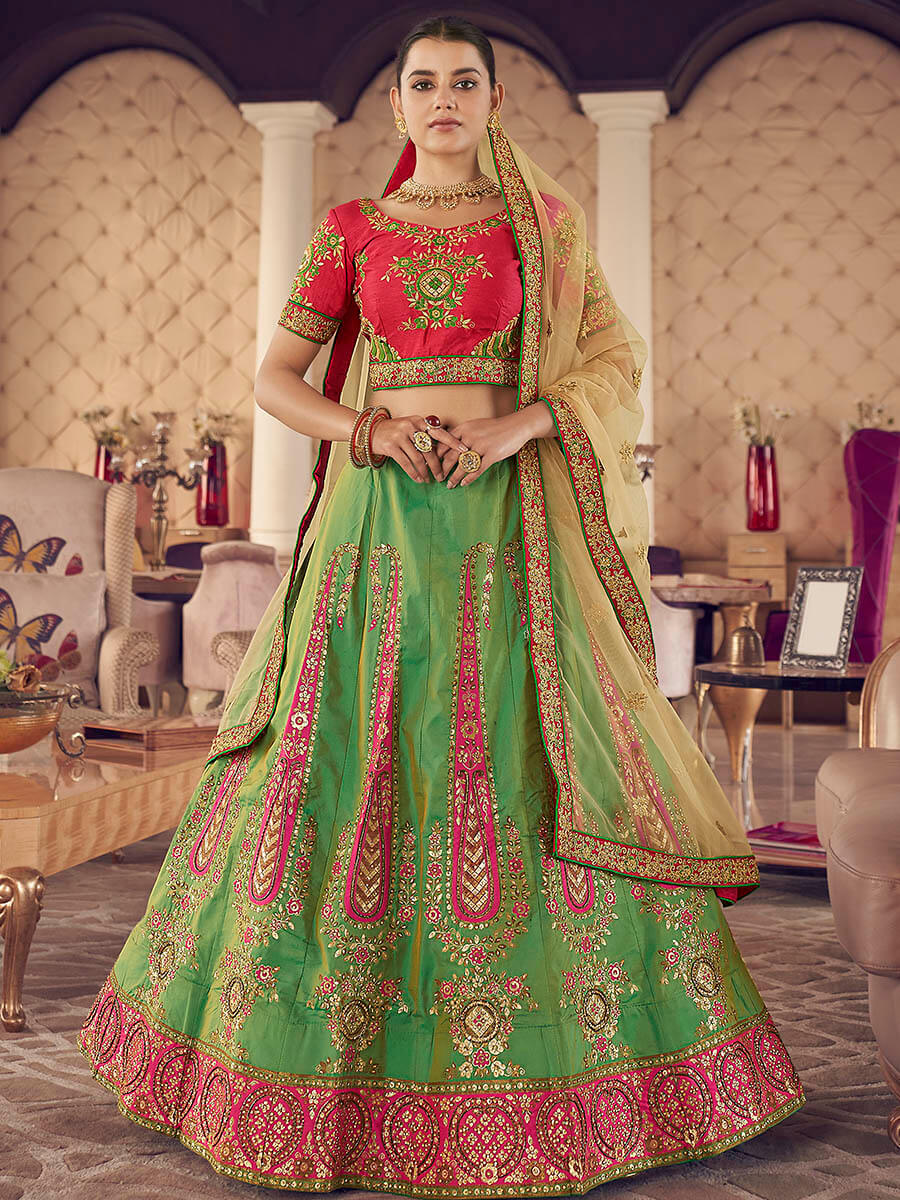 Myra Green Art Silk Jaquard Embroidered Lehenga