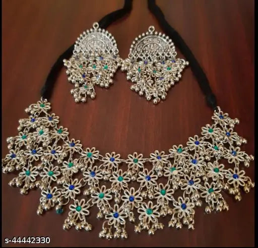 Tehzeeb Creations Women's Silver Colour Oxidised Necklace And Earring With Multi Beads