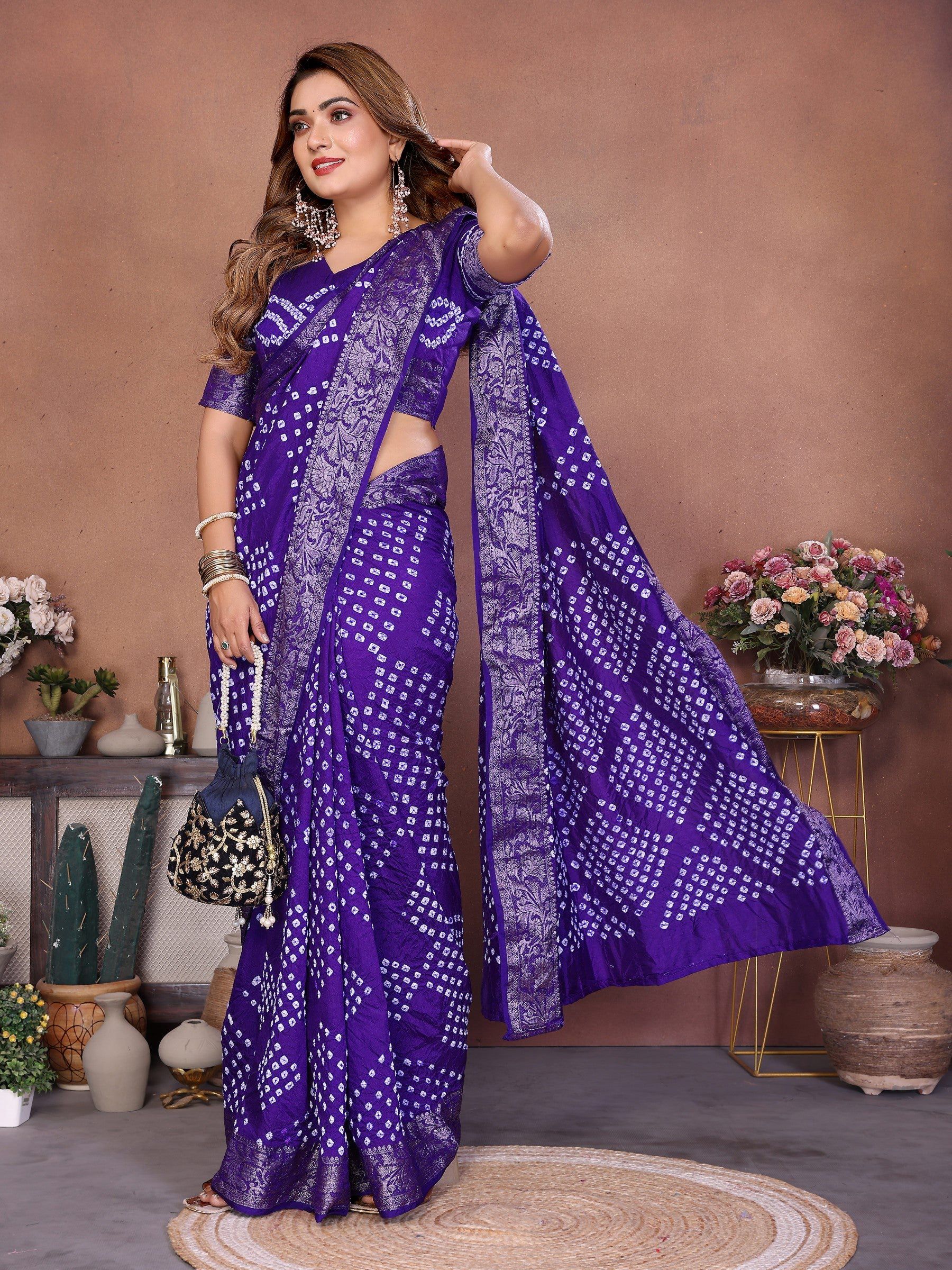 Anaita Blue Handmade Bandhej Viscose Silk Saree With Blouse - Distacart