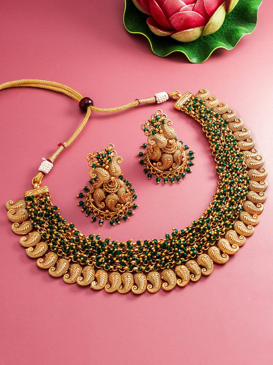Aadita Gold-Plated Green Pearls Beaded Choker Jewellery Set - Distacart