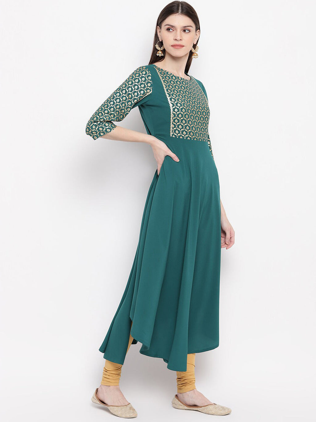 Janasya Teal Ethnic Motifs Yoke Design Crepe Anarkali Kurta - Distacart
