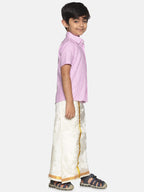 Sethukrishna Boys Pink & Off-White Pure Cotton Shirt with Dhotis