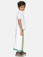 Sethukrishna Boys White & Green Pure Cotton Solid Shirt and Veshti Set