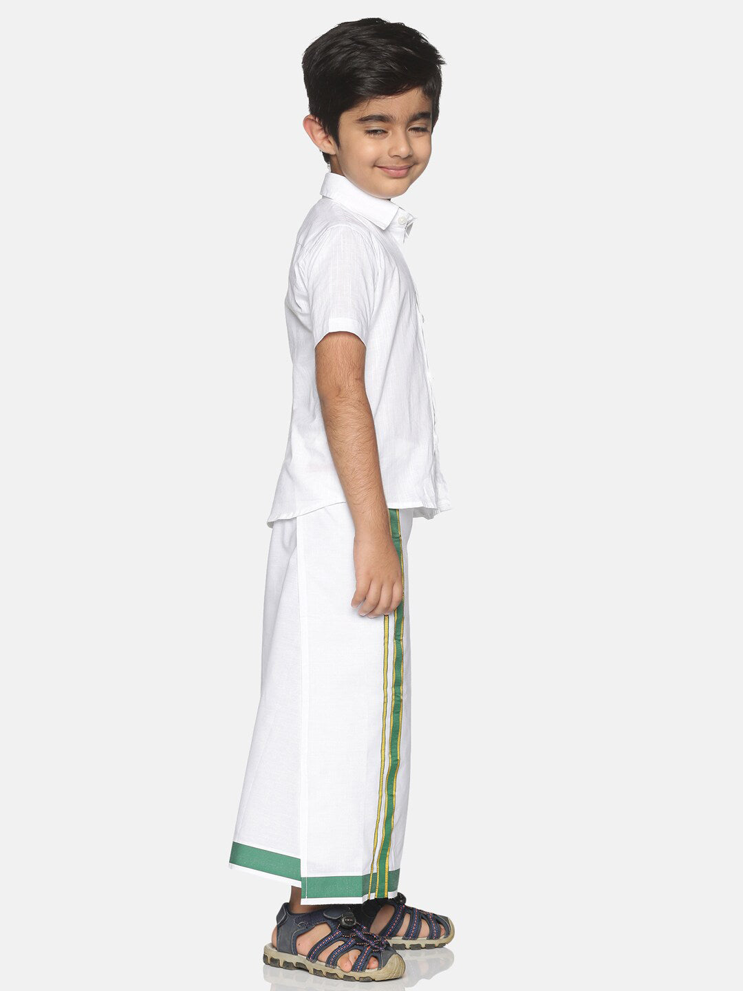 Sethukrishna Boys White & Green Pure Cotton Solid Shirt and Veshti Set