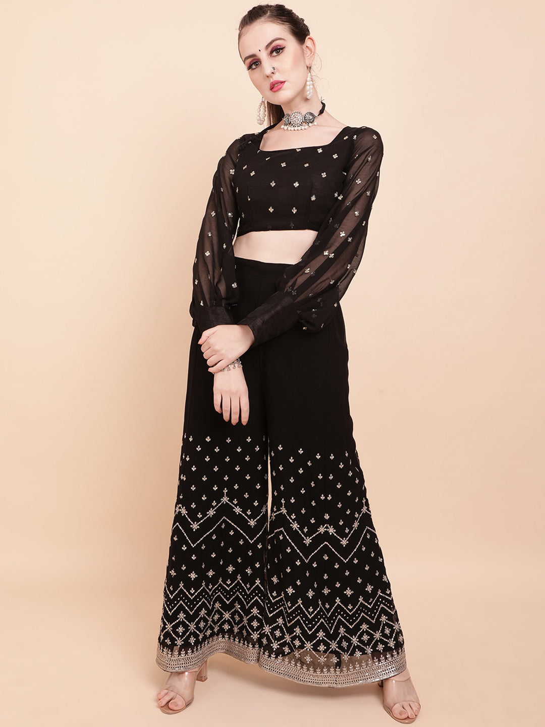 Sangria Black & White Embellished Sequinned Pure Georgette Palazzo Saree - Distacart
