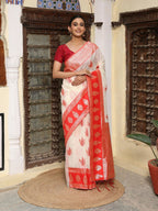Shree Shyam Fashion White & Red Linen Cotton Saree - Distacart