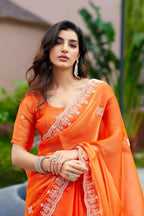 Vastranavya Orange Embroidery Work Shimmer Chiffon Saree with Unstitched Blouse - Distacart