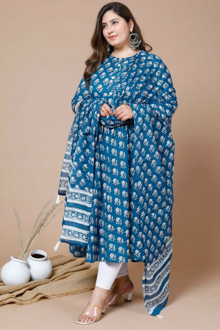 Miravan Women's Plus Size Blue Printed Anarkali Kurta With Dupatta