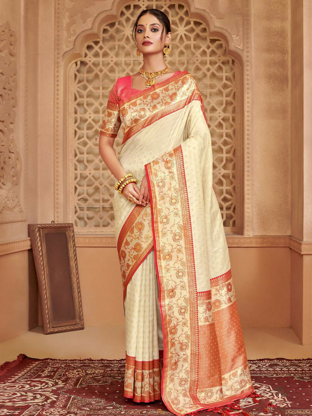 Shree Shyam Fashion Silk Blend Off White Saree - Distacart