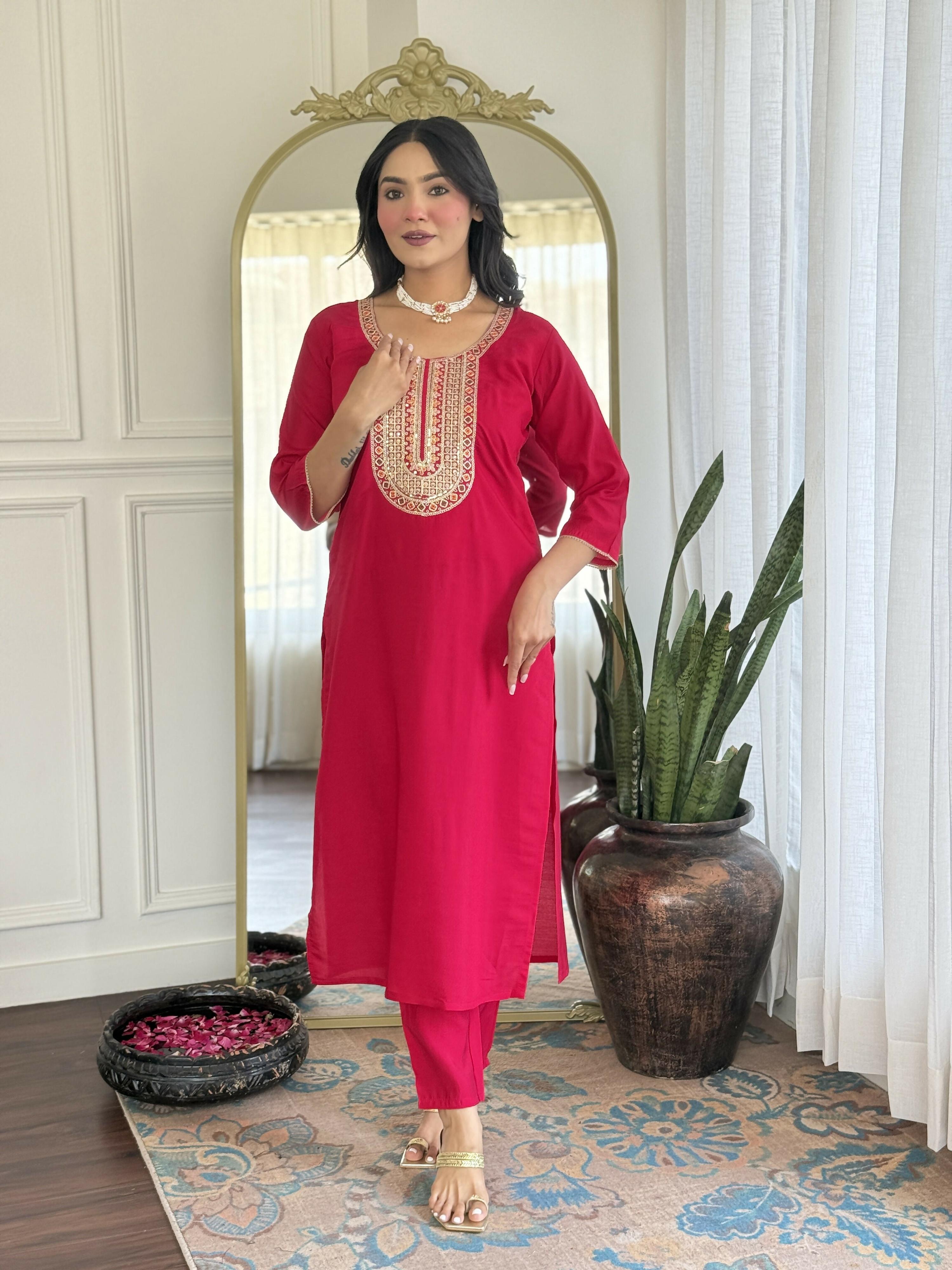 The52 Rani Gorgeous Embroidered Chanderi Silk Fabric Straight Kurta Pant with Dupatta Set - Distacart