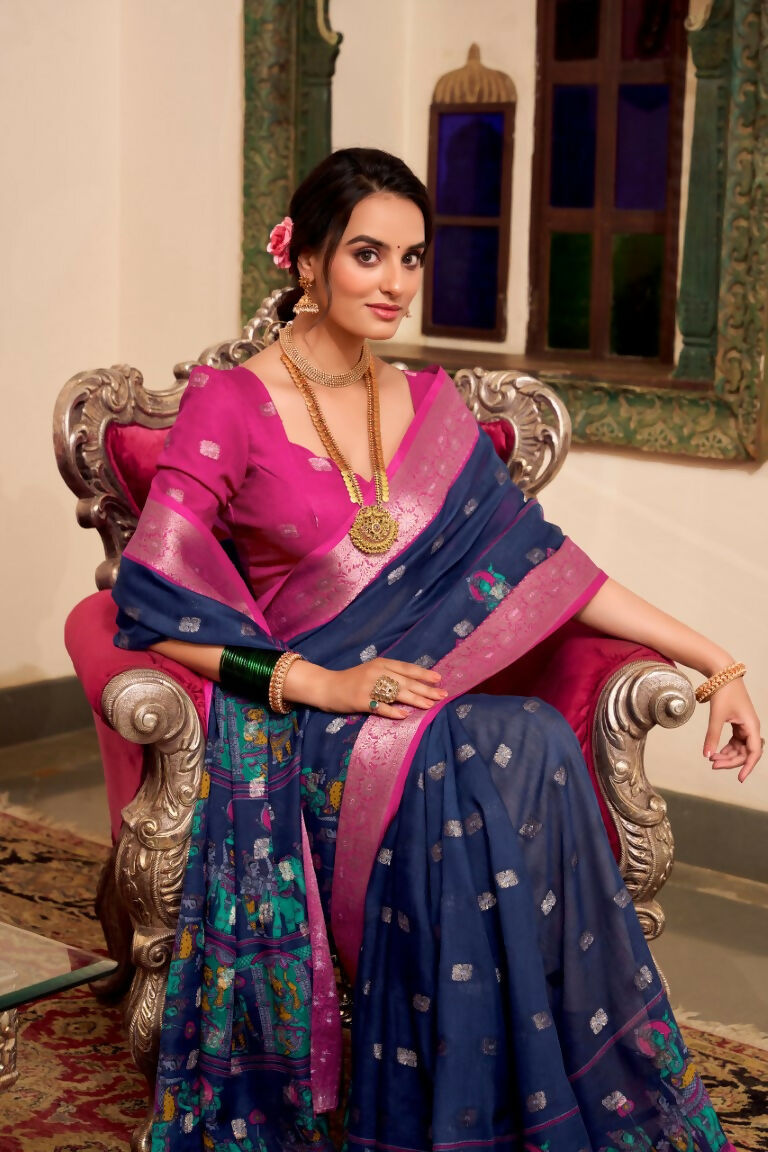Vastranavya Navy Blue Poly Cotton Kalamkari Printed Saree with Unstitched Blouse