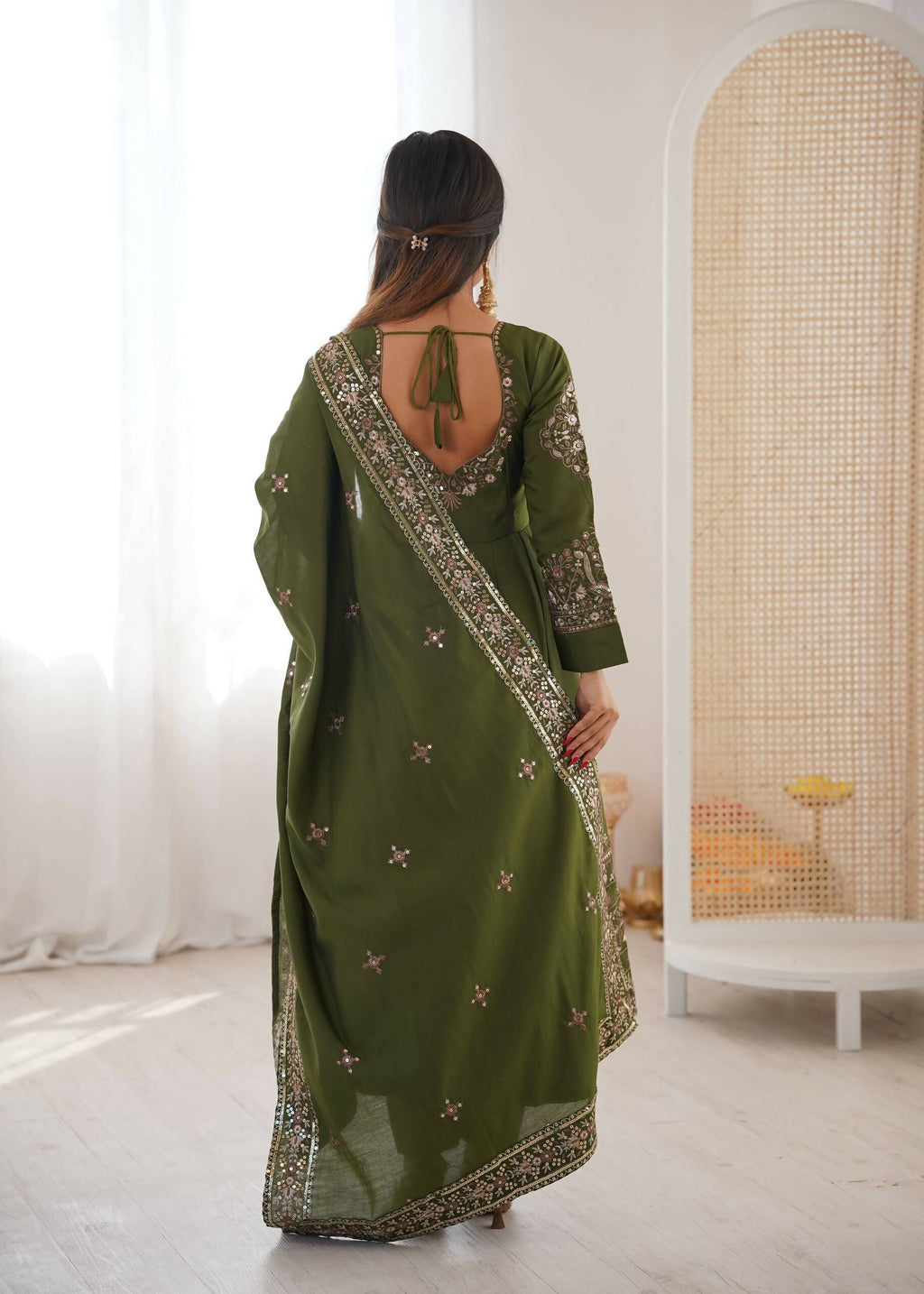 Teeya Creation Green Roman Silk Embroidery Work Party Wear Long Gown - Distacart
