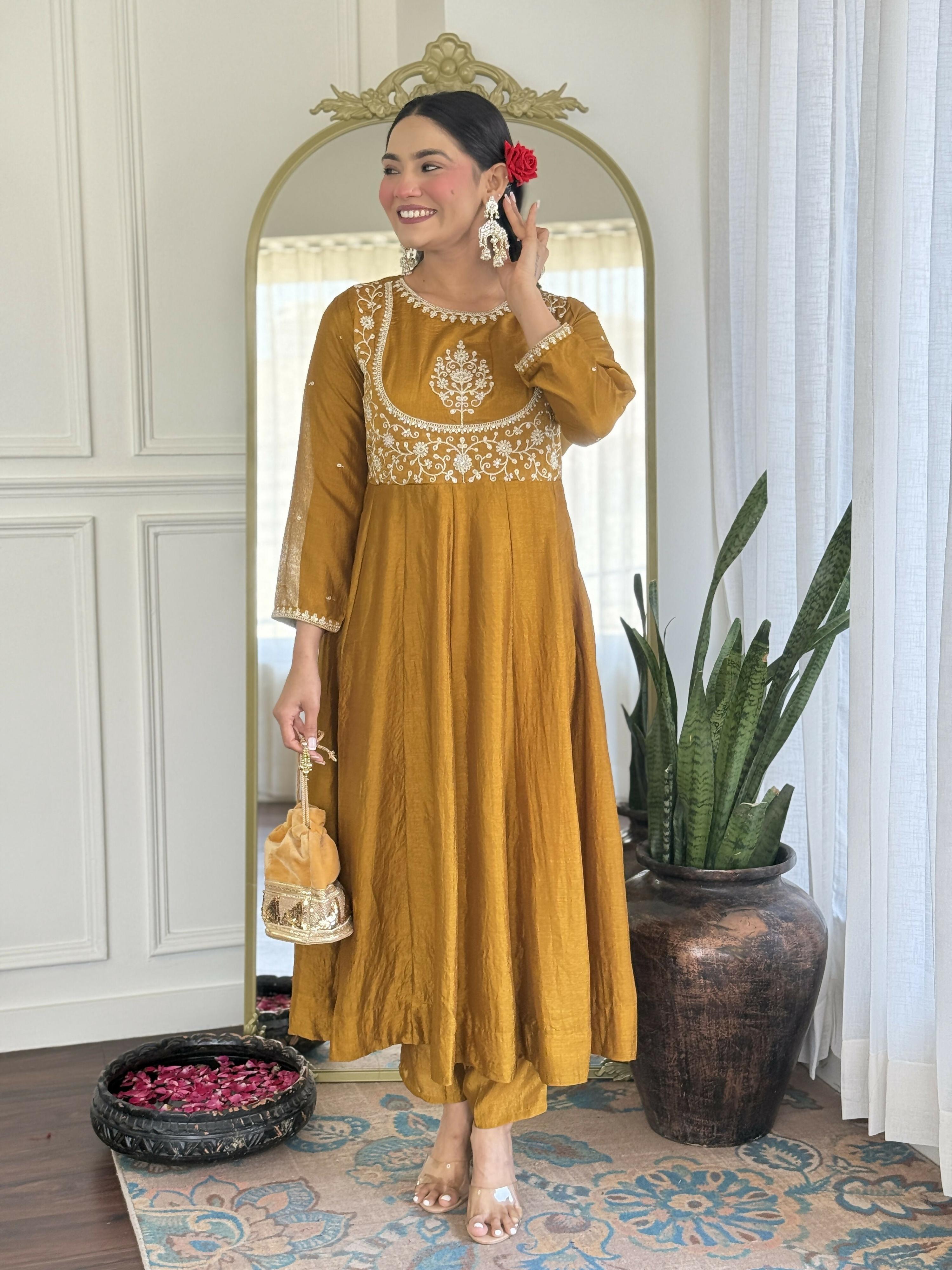 The52 Mustard Women's Gorgeous Embroidered Vichitra Silk Fabric Flared Kurta Pant with Dupatta Set - Distacart