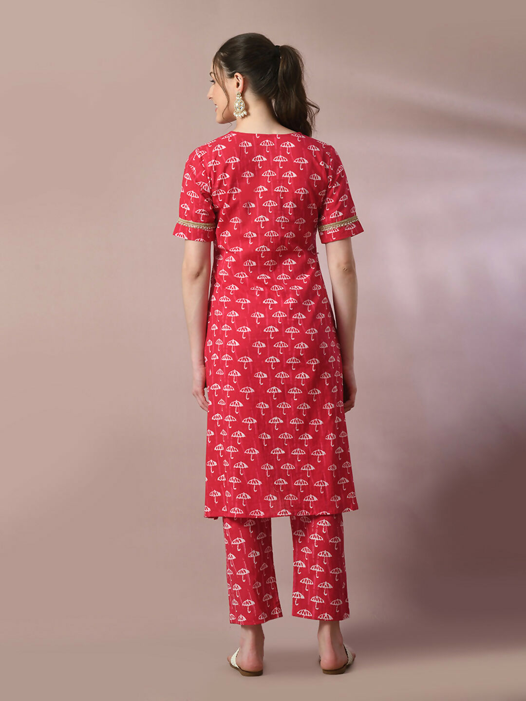 Myshka Women's Pink Printed Cotton Straight Party Kurta Set