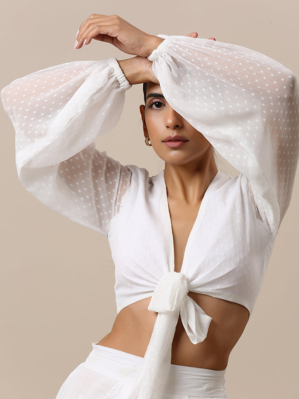 trueBrowns Chiffon White Dobby Tie Up Top